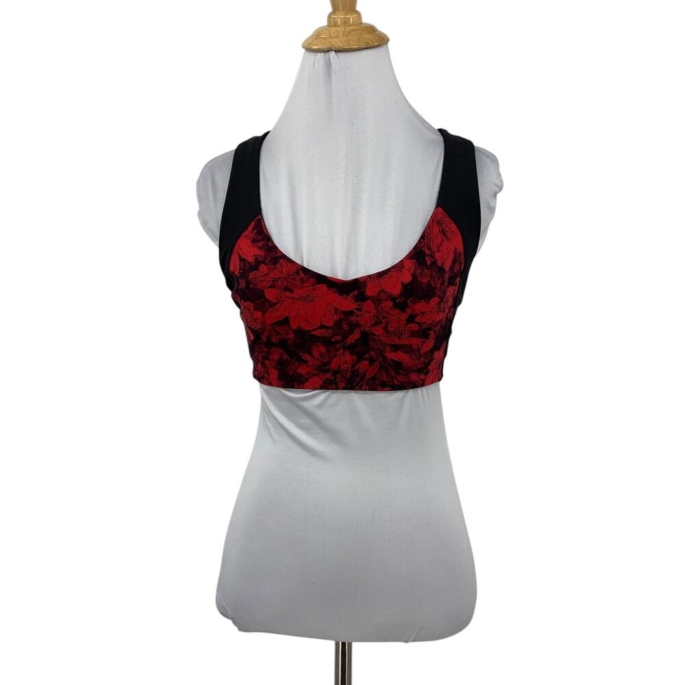 Lululemon Sports Bra Womens 4 Red Black Cutout Crossback Floral Stretch Unpadded